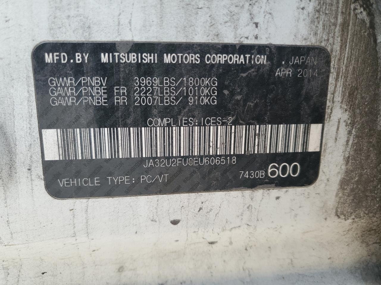 2014 Mitsubishi Lancer Es/Es Sport VIN: JA32U2FU8EU606518 Lot: 80157025