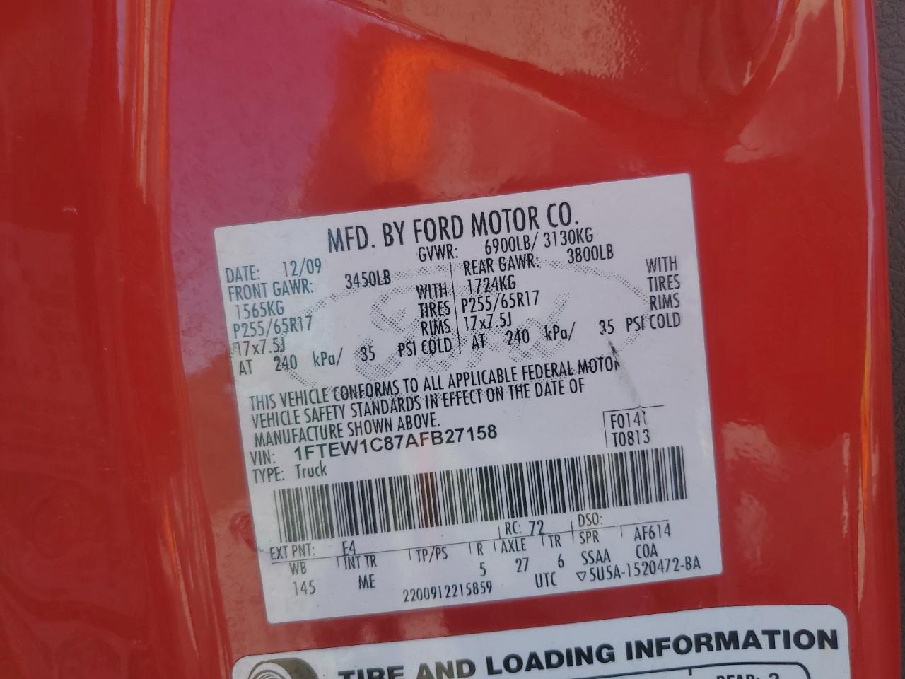 2010 Ford F150 Supercrew VIN: 1FTEW1C87AFB27158 Lot: 72047955