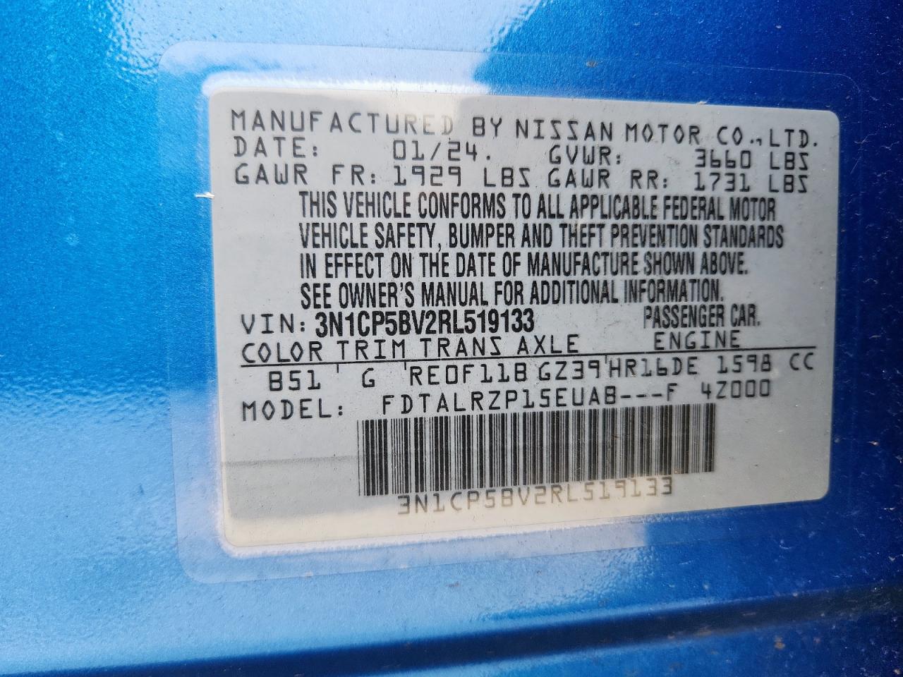 2024 Nissan Kicks S VIN: 3N1CP5BV2RL519133 Lot: 71841805