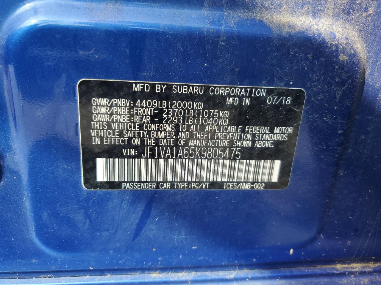 2019 Subaru Wrx VIN: JF1VA1A65K9805475 Lot: 80307355
