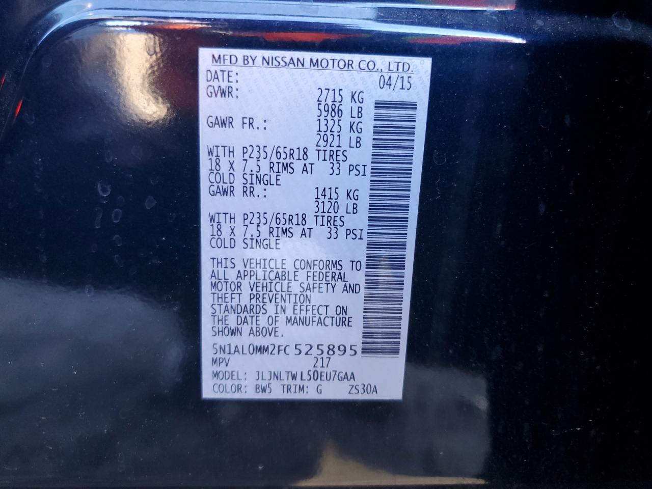 2015 Infiniti Qx60 VIN: 5N1AL0MM2FC525895 Lot: 71205825