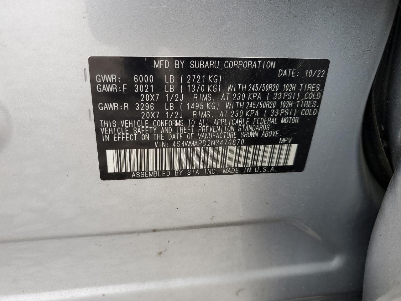 2022 Subaru Ascent Limited VIN: 4S4WMAPD2N3470870 Lot: 81689305