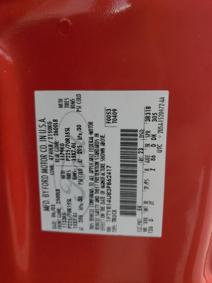 2003 Ford Ranger Super Cab VIN: 1FTYR14U83PB62417 Lot: 81614975