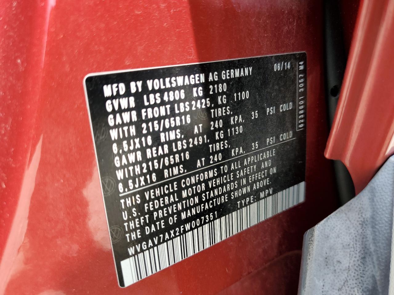 2015 Volkswagen Tiguan S VIN: WVGAV7AX2FW007351 Lot: 81391855