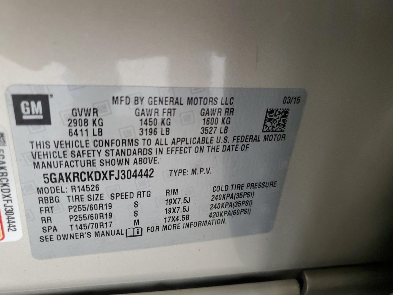 2015 Buick Enclave VIN: 5GAKRCKDXFJ304442 Lot: 80475305