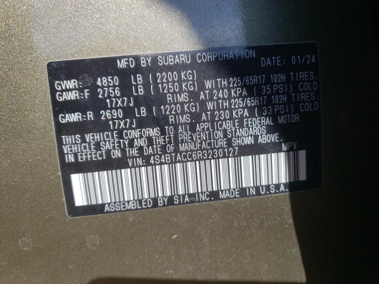 2024 Subaru Outback Premium VIN: 4S4BTACC6R3230127 Lot: 71165335