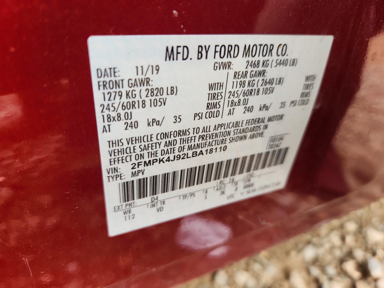 2020 Ford Edge Sel VIN: 2FMPK4J92LBA18110 Lot: 81325425