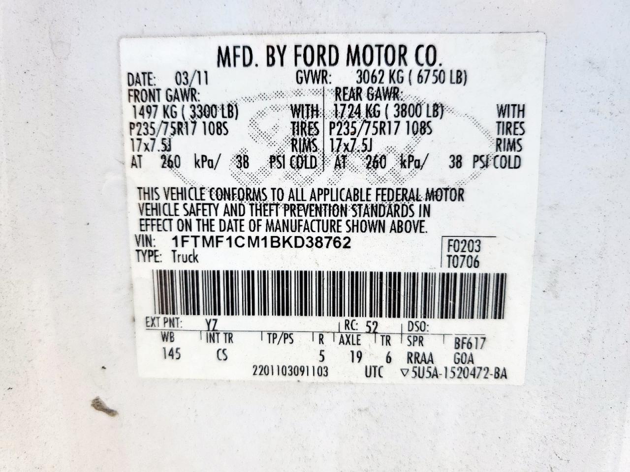 2011 Ford F150 VIN: 1FTMF1CM1BKD38762 Lot: 80412245