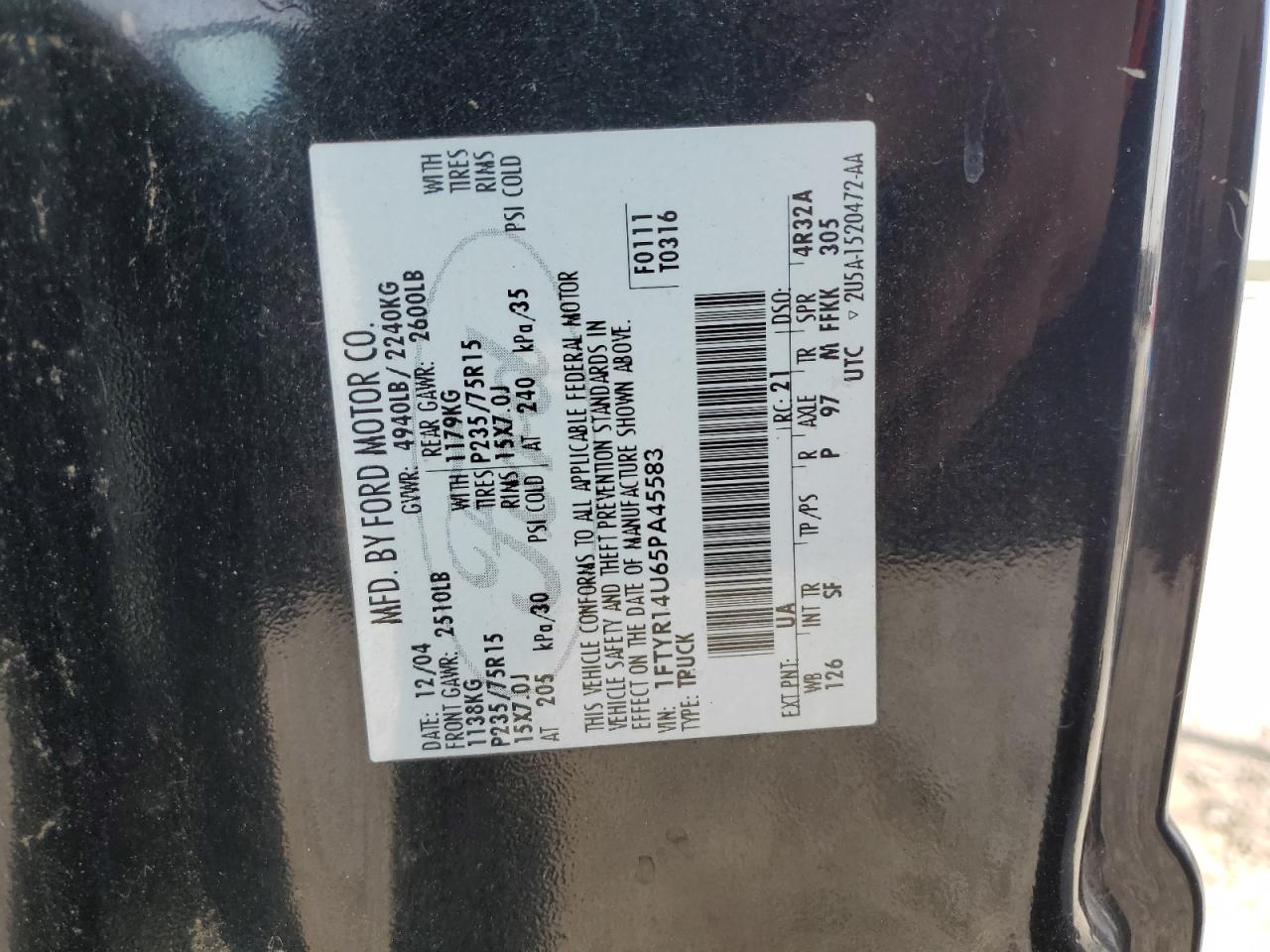2005 Ford Ranger Super Cab VIN: 1FTYR14U65PA45583 Lot: 82071465