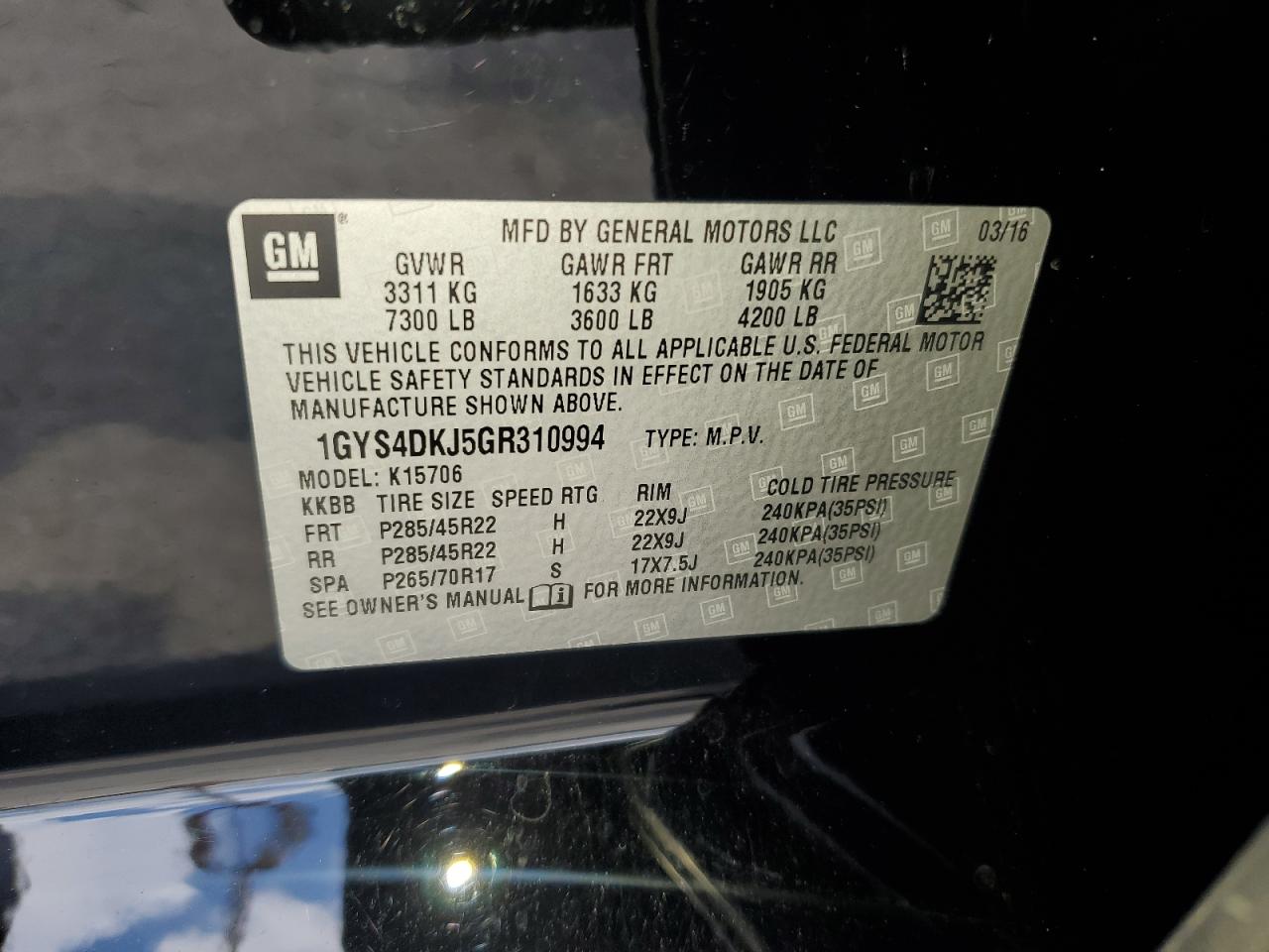 2016 Cadillac Escalade Platinum VIN: 1GYS4DKJ5GR310994 Lot: 84371145