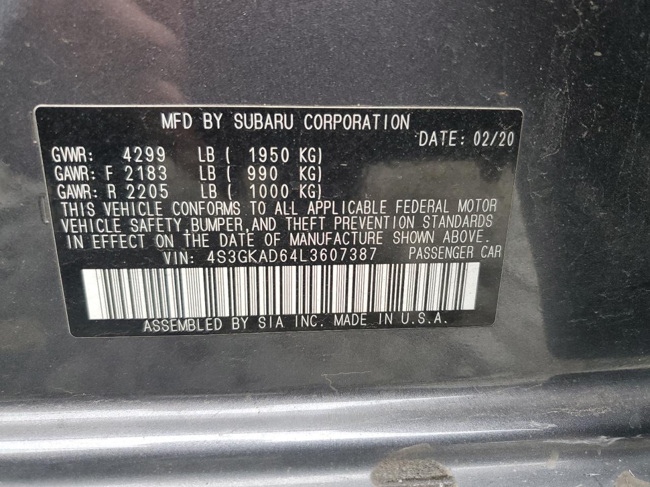 2020 Subaru Impreza Premium VIN: 4S3GKAD64L3607387 Lot: 80888555