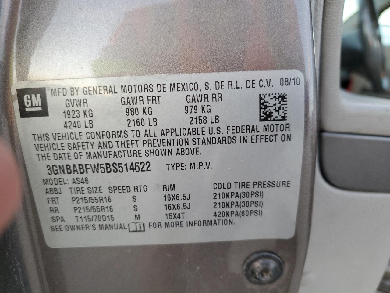 2011 Chevrolet Hhr Lt VIN: 3GNBABFW5BS514622 Lot: 71113825