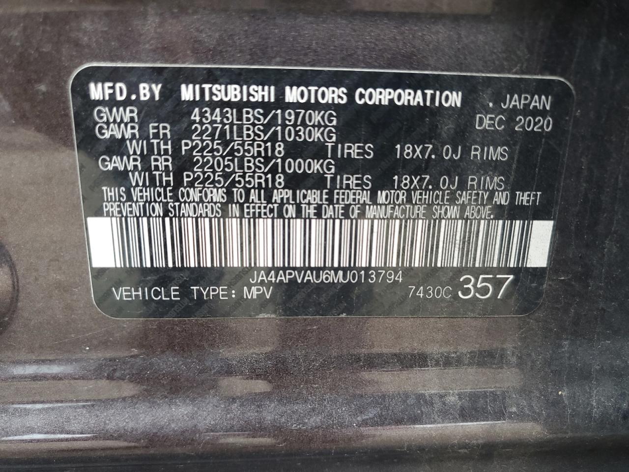2021 Mitsubishi Outlander Sport Se VIN: JA4APVAU6MU013794 Lot: 84012355