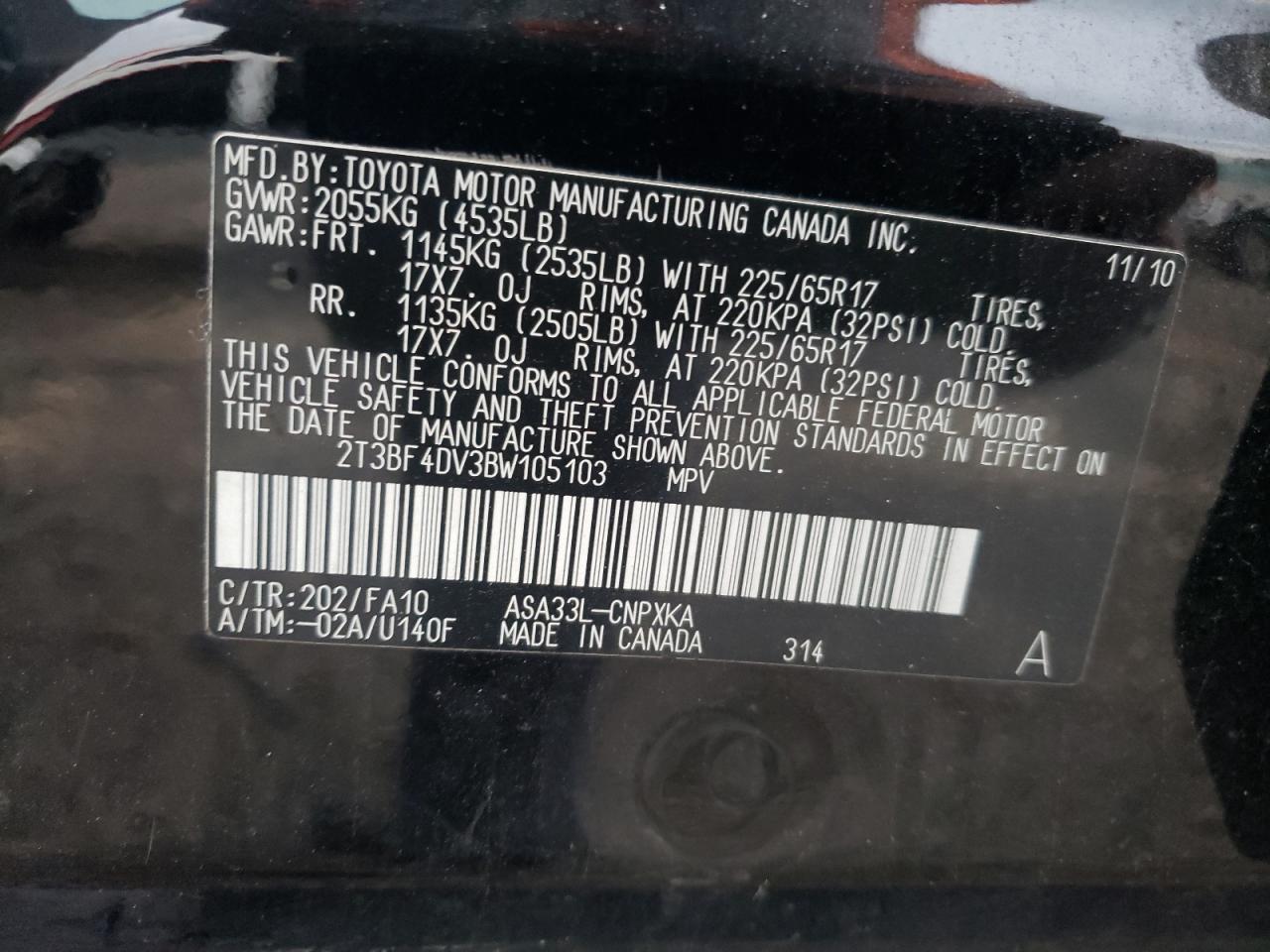 2011 Toyota Rav4 VIN: 2T3BF4DV3BW105103 Lot: 81812535