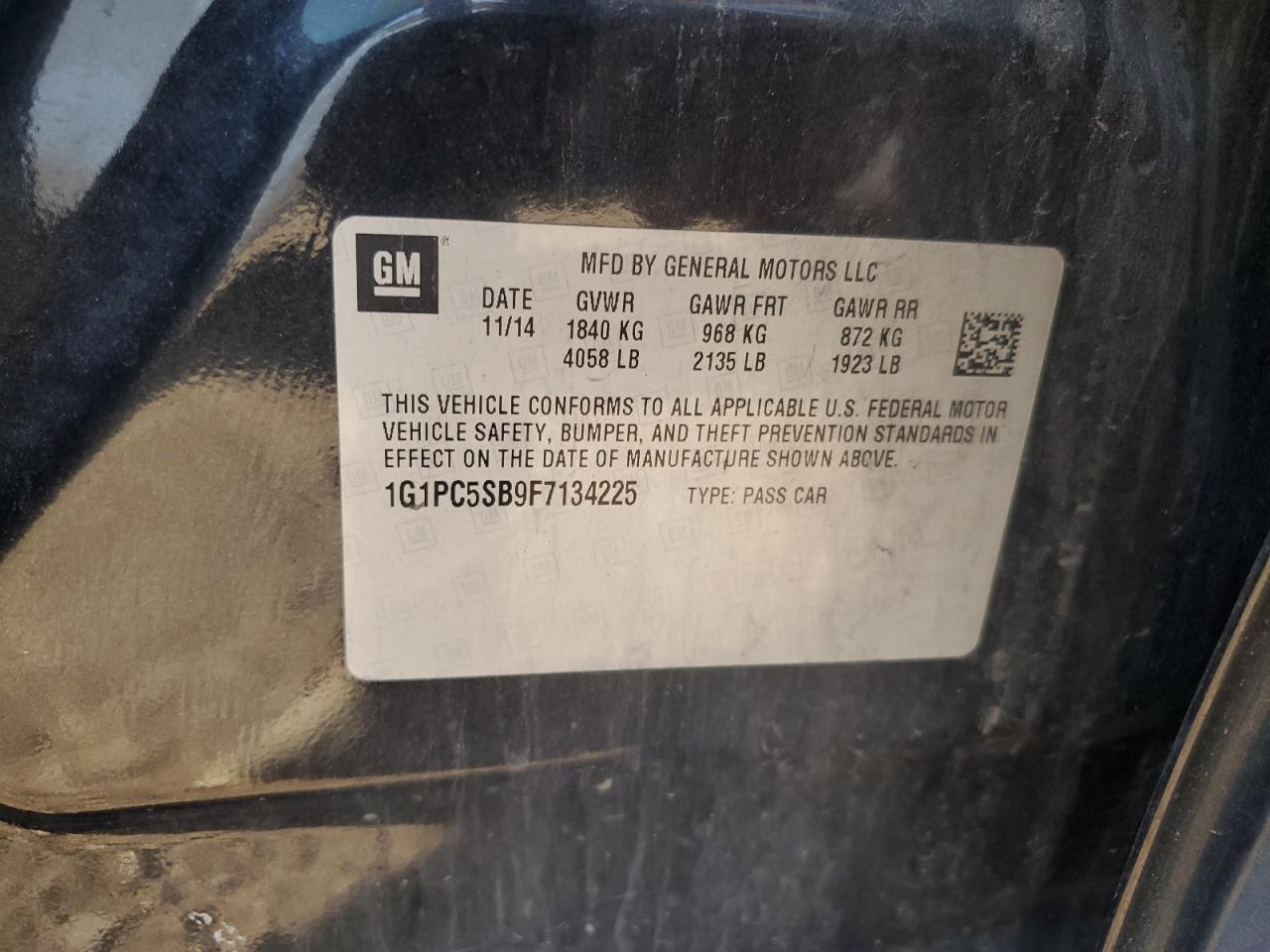 2015 Chevrolet Cruze Lt VIN: 1G1PC5SB9F7134225 Lot: 80017135