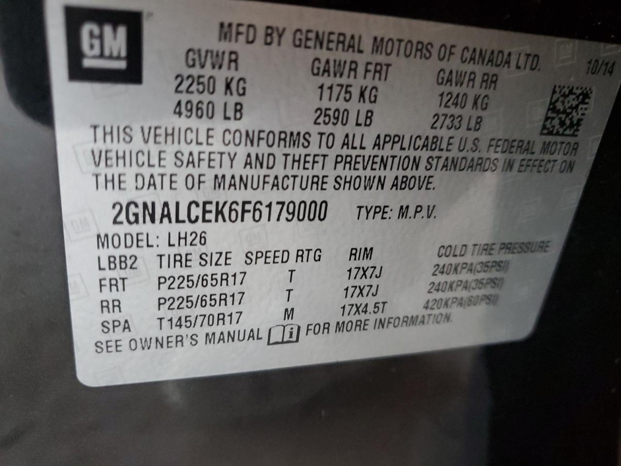 2015 Chevrolet Equinox Lt VIN: 2GNALCEK6F6179000 Lot: 72053725