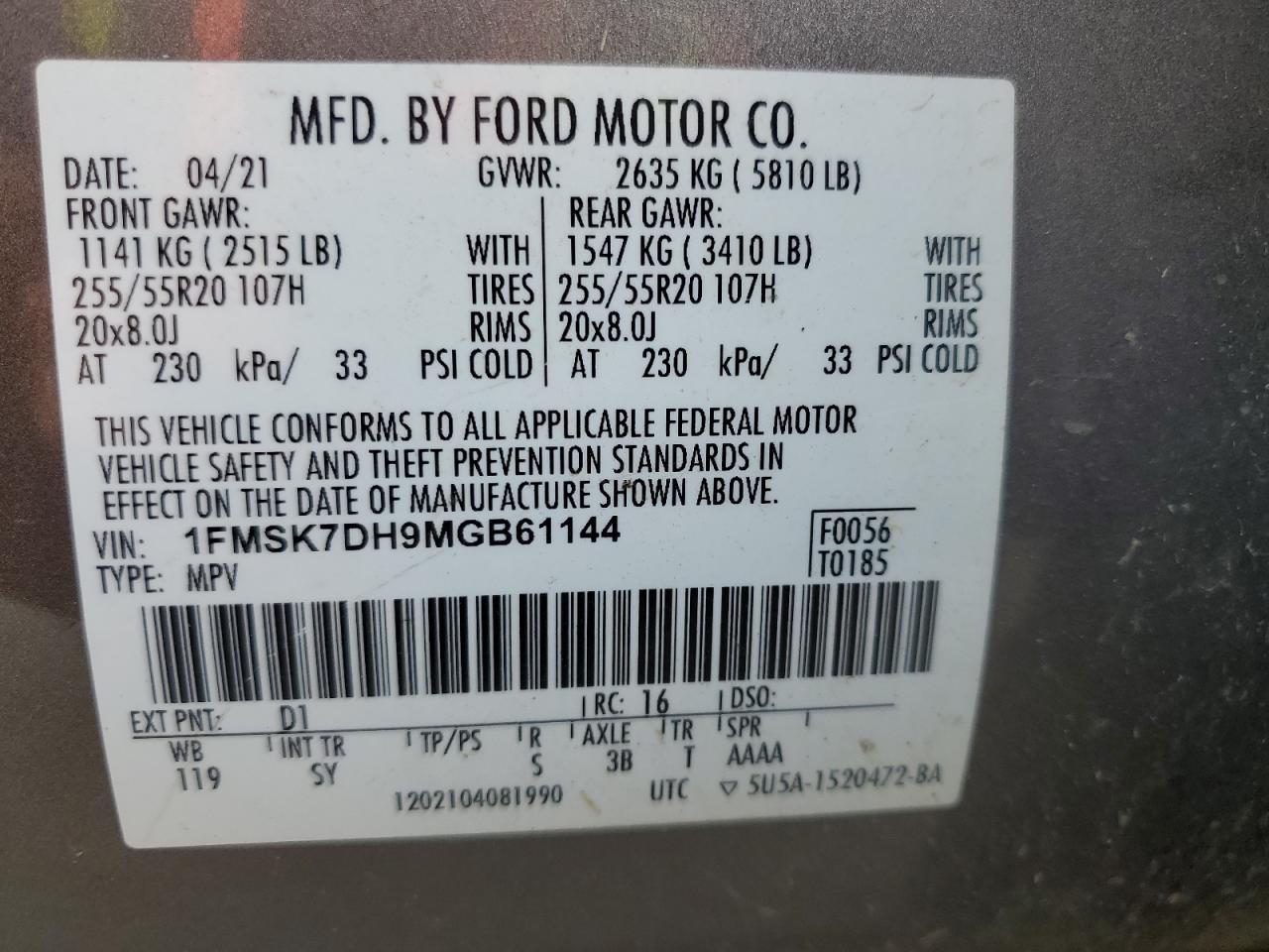 2021 Ford Explorer Xlt VIN: 1FMSK7DH9MGB61144 Lot: 80454755