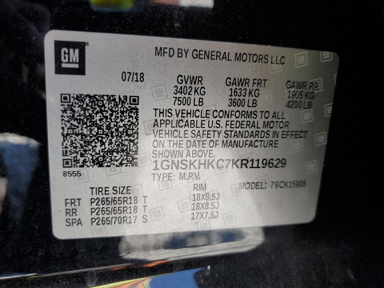 2019 Chevrolet Suburban K1500 Lt VIN: 1GNSKHKC7KR119629 Lot: 80172455