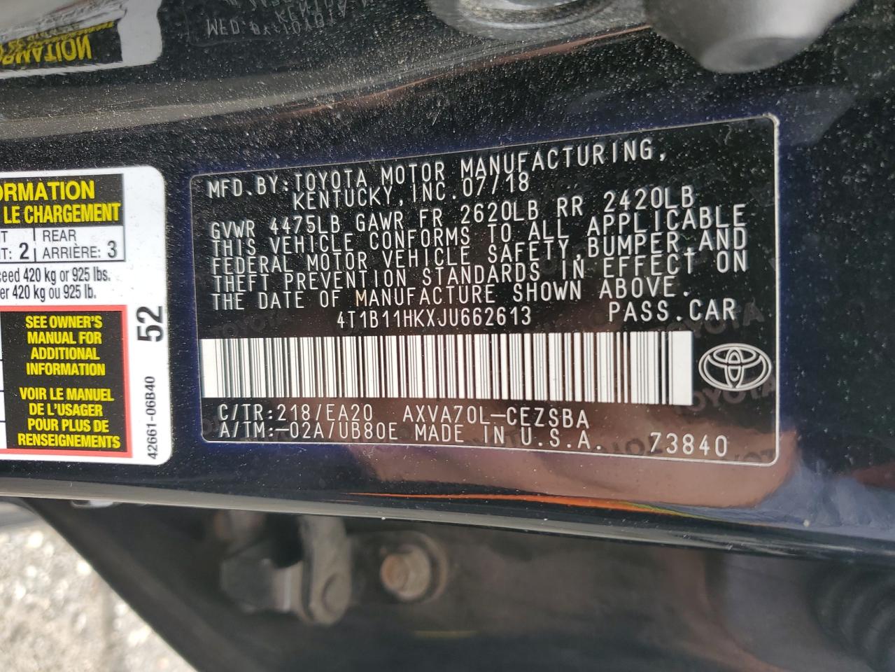 2018 Toyota Camry L VIN: 4T1B11HKXJU662613 Lot: 84634845