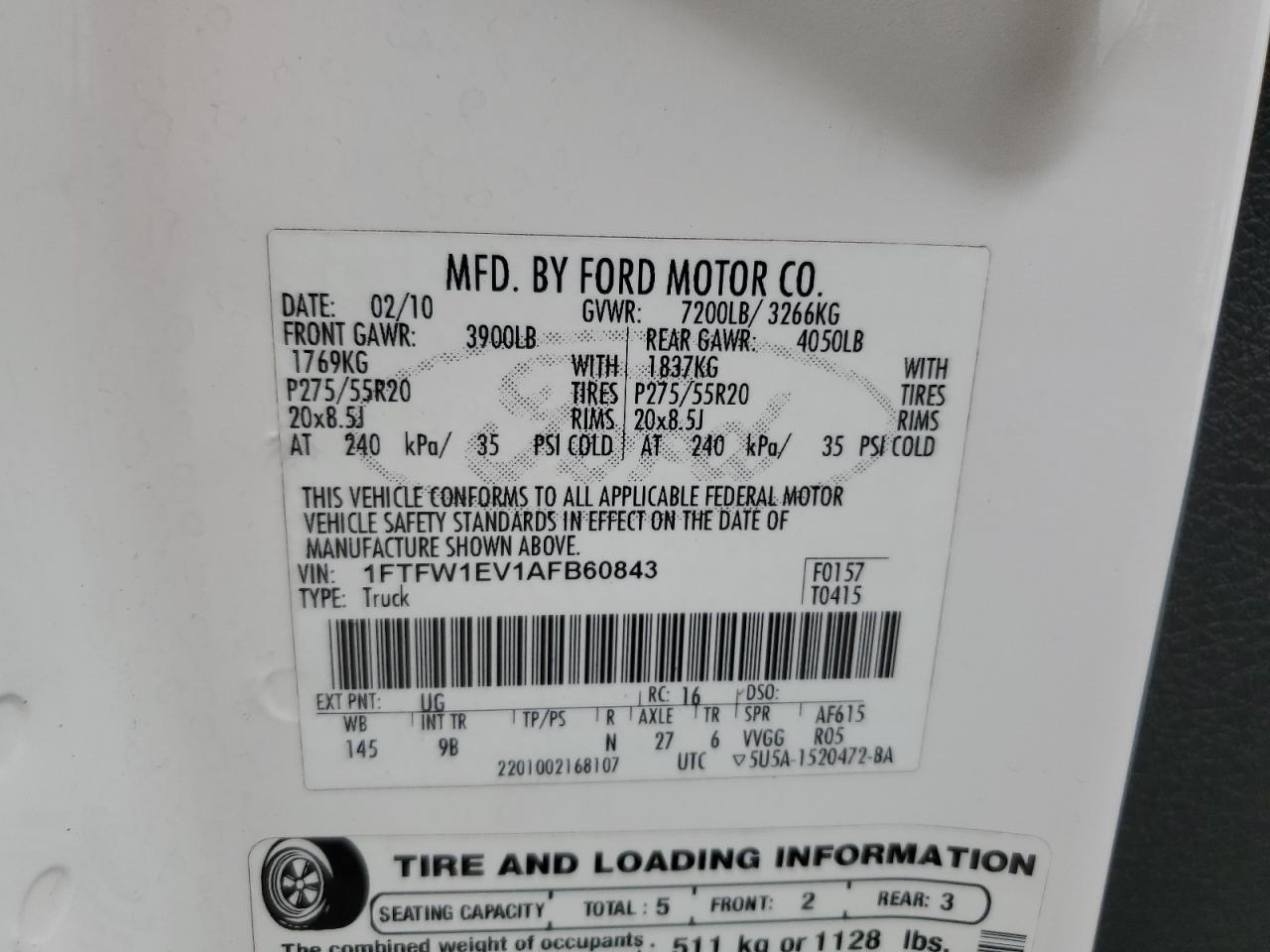 2010 Ford F150 Supercrew VIN: 1FTFW1EV1AFB60843 Lot: 84616975