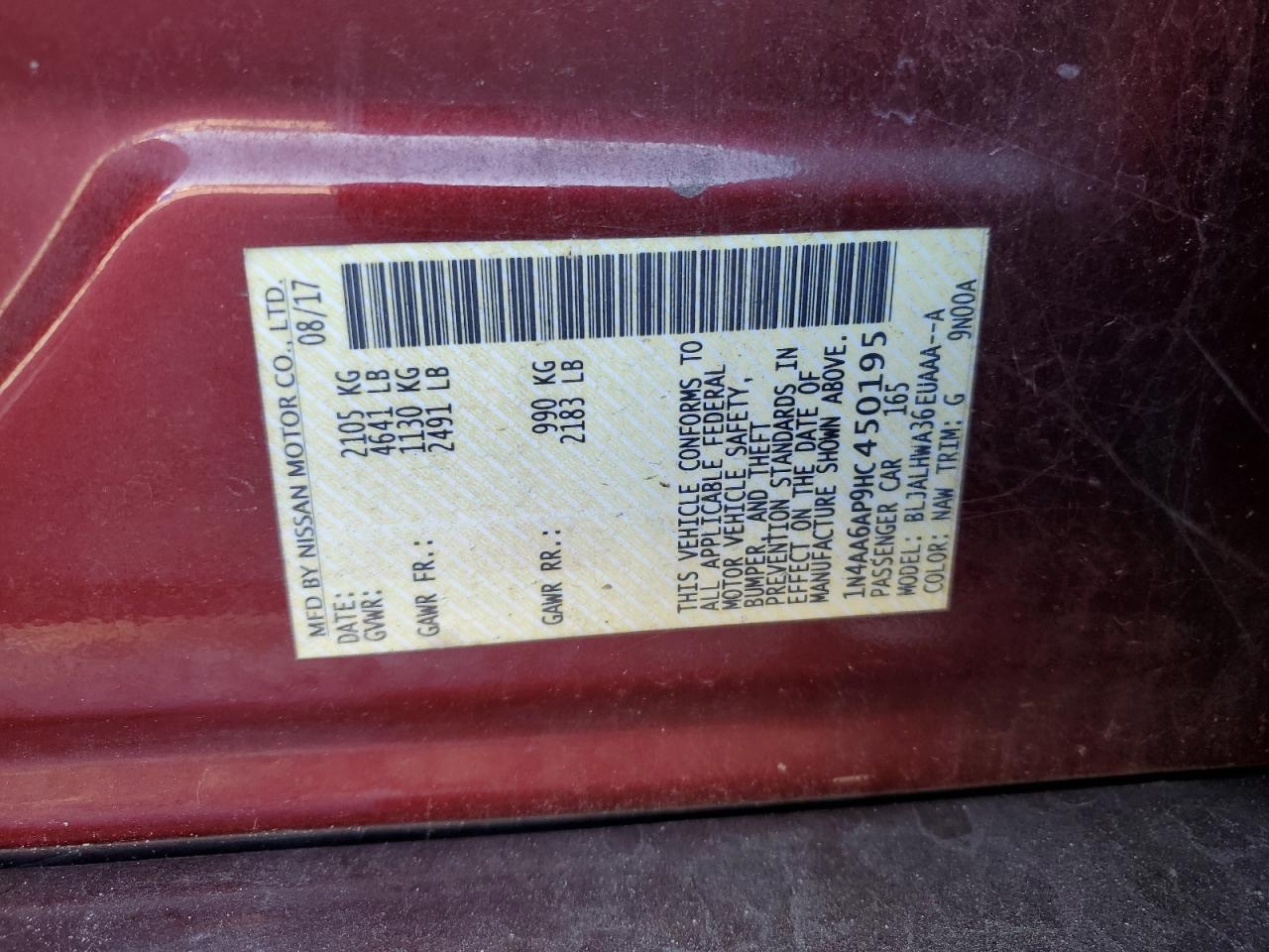 2017 Nissan Maxima 3.5S VIN: 1N4AA6AP9HC450195 Lot: 80519605