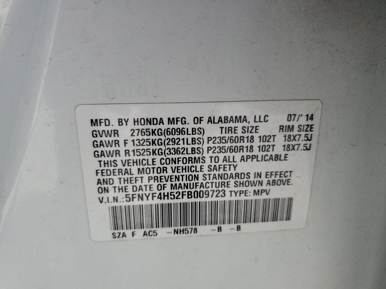 2015 Honda Pilot Exl VIN: 5FNYF4H52FB009723 Lot: 80107365