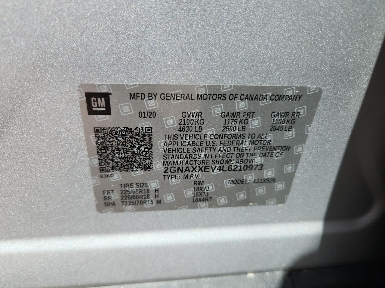 2020 Chevrolet Equinox Premier VIN: 2GNAXXEV4L6210973 Lot: 71746895