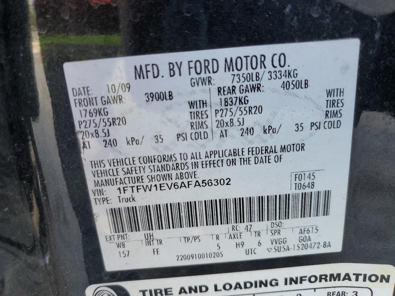 2010 Ford F150 Supercrew VIN: 1FTFW1EV6AFA56302 Lot: 81510585