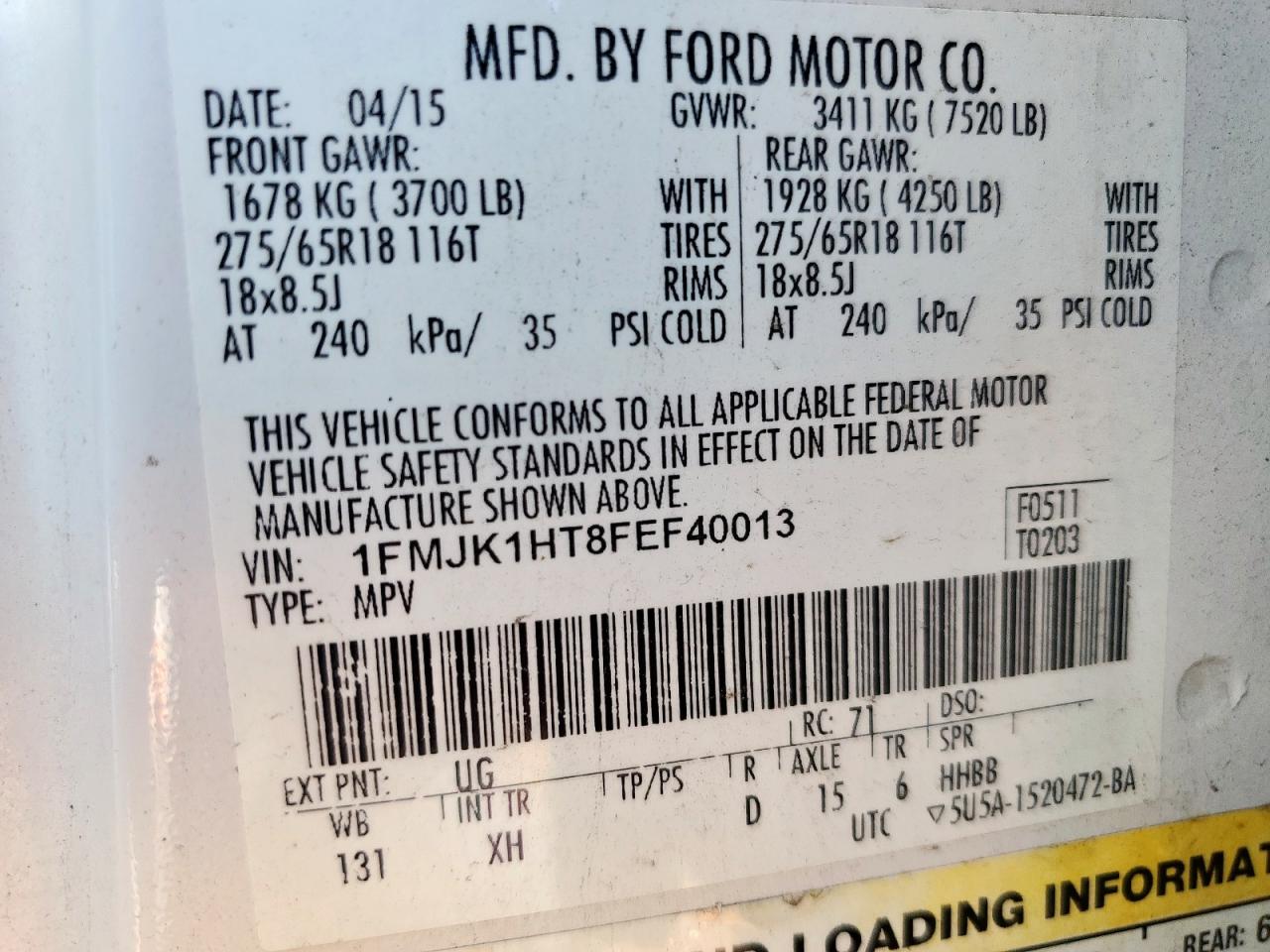 2015 Ford Expedition El Xlt VIN: 1FMJK1HT8FEF40013 Lot: 72039575