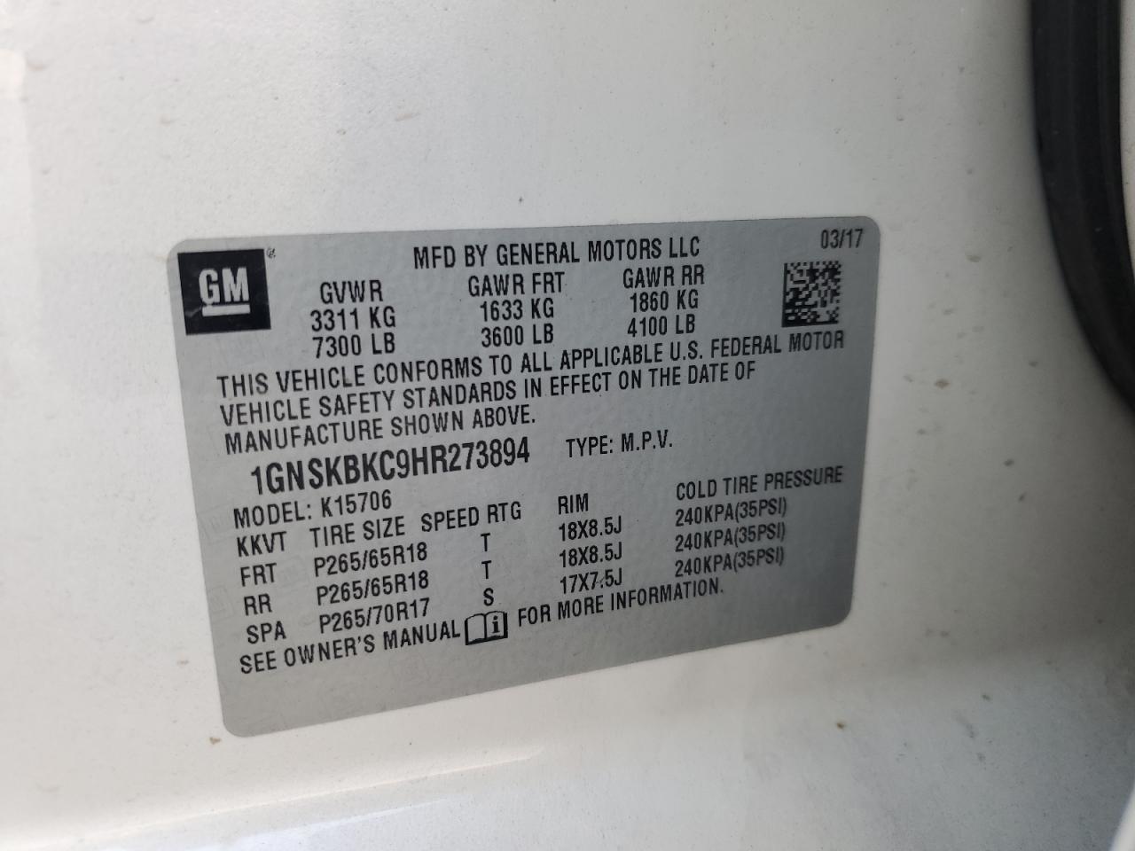 2017 Chevrolet Tahoe K1500 Lt VIN: 1GNSKBKC9HR273894 Lot: 80682445