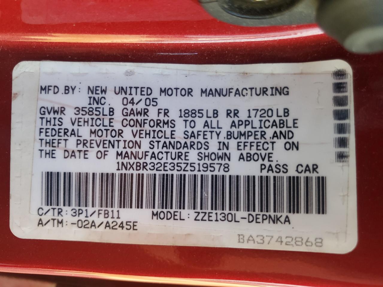 2005 Toyota Corolla Ce VIN: 1NXBR32E35Z519578 Lot: 81196935