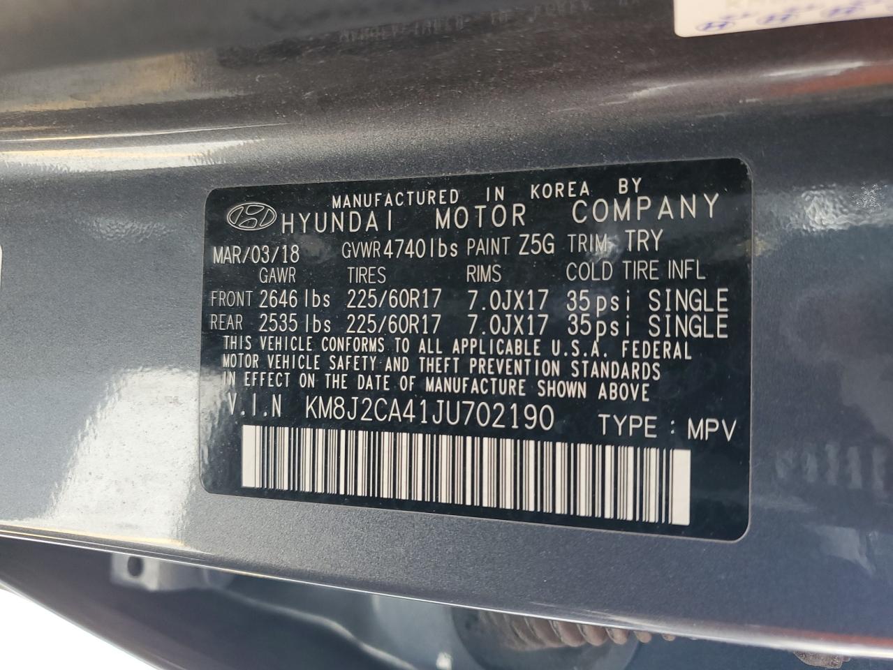 2018 Hyundai Tucson Se VIN: KM8J2CA41JU702190 Lot: 81716035