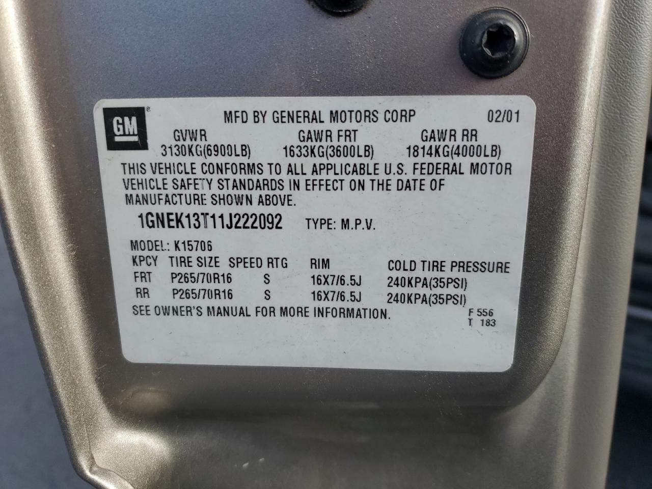 2001 Chevrolet Tahoe K1500 VIN: 1GNEK13T11J222092 Lot: 70934935