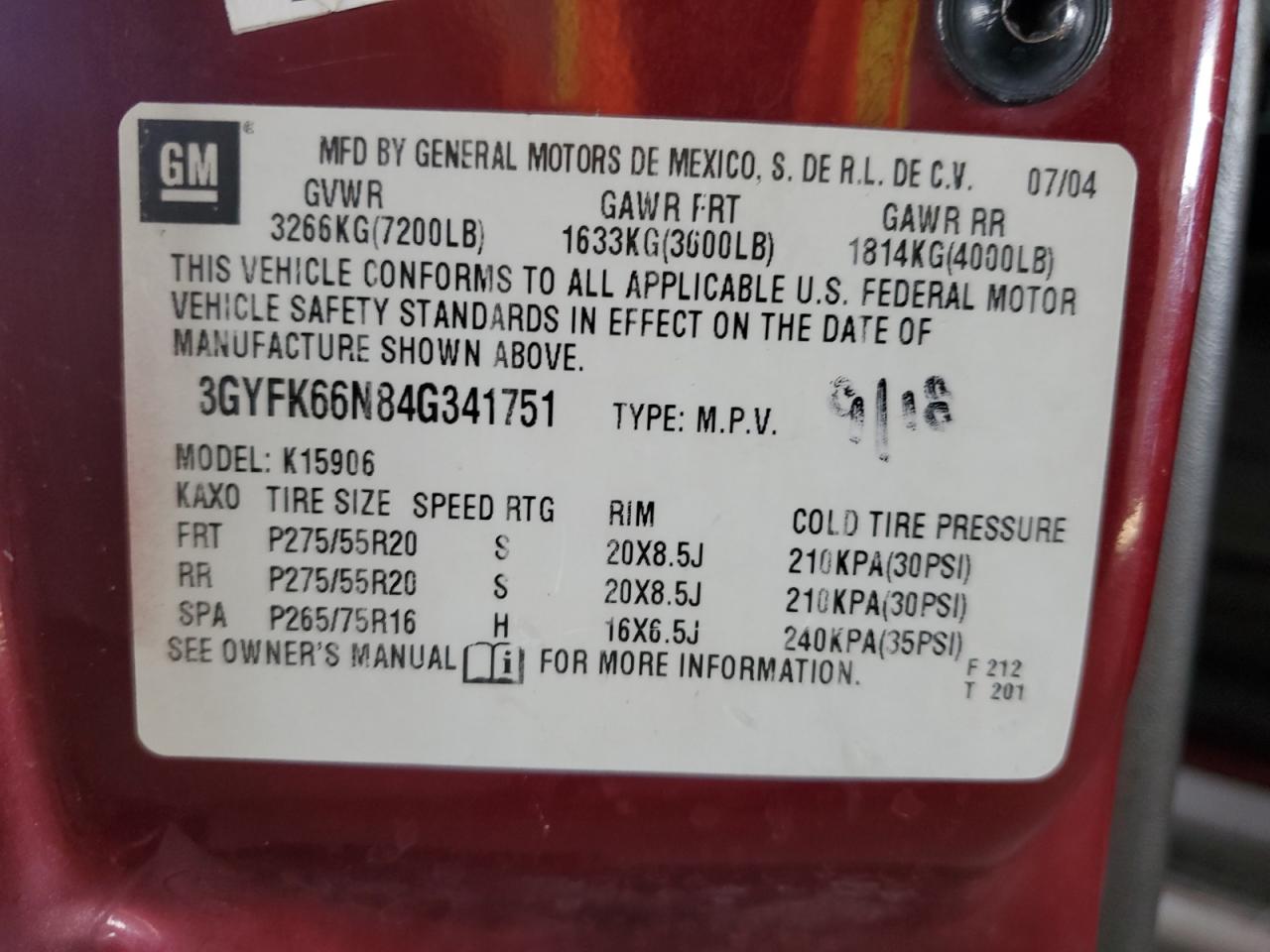 2004 Cadillac Escalade Esv VIN: 3GYFK66N84G341751 Lot: 81158205