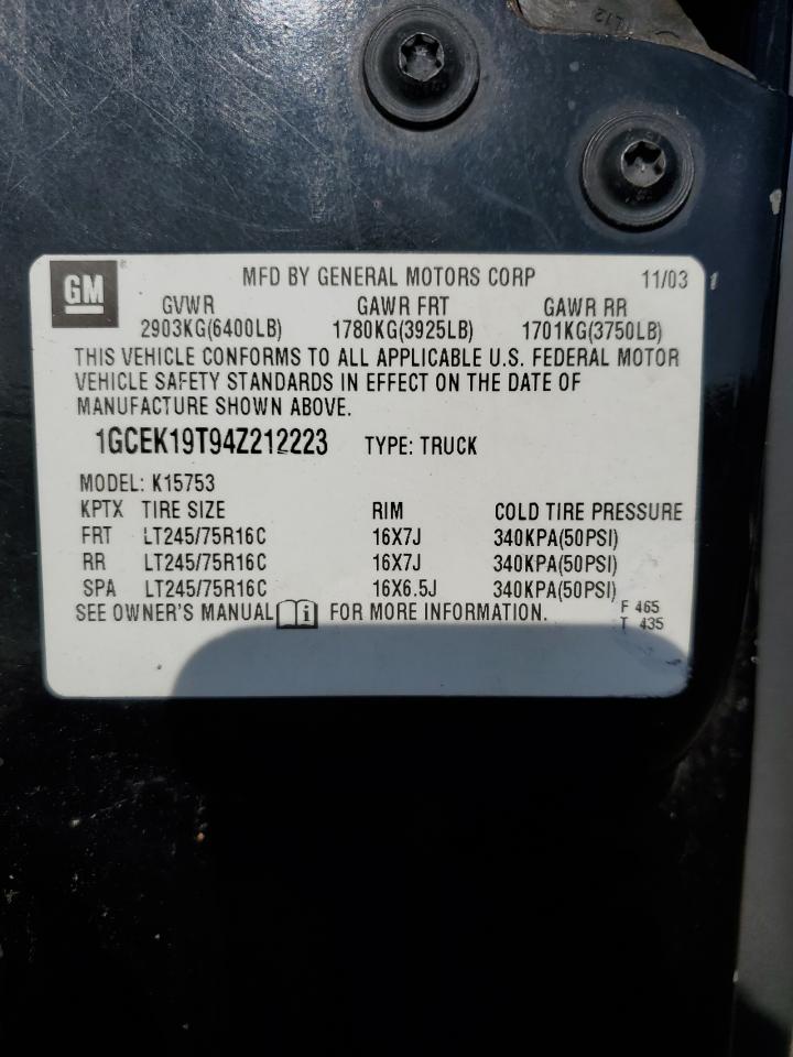 2004 Chevrolet Silverado K1500 VIN: 1GCEK19T94Z212223 Lot: 81148055