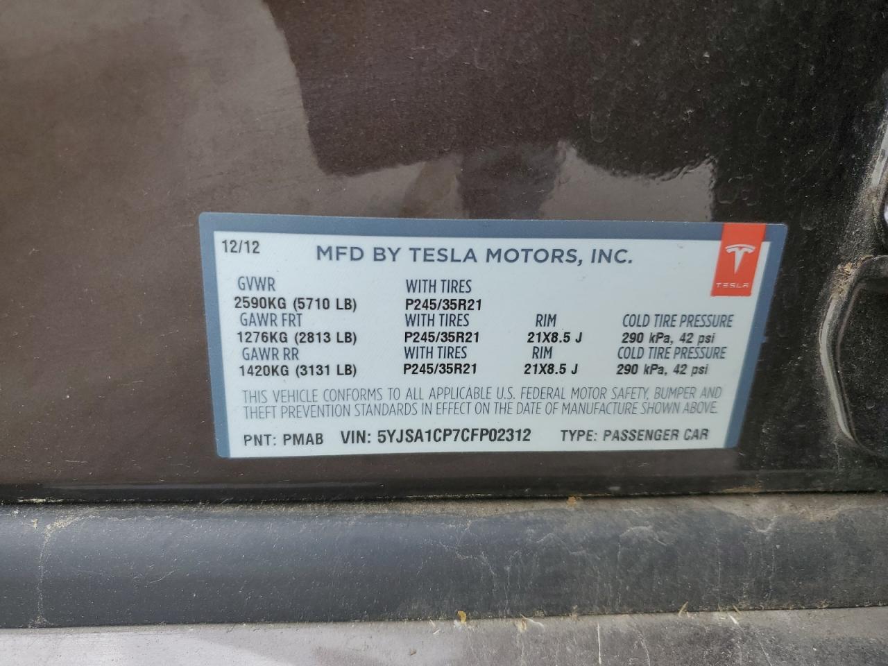 2012 Tesla Model S VIN: 5YJSA1CP7CFP02312 Lot: 71822435