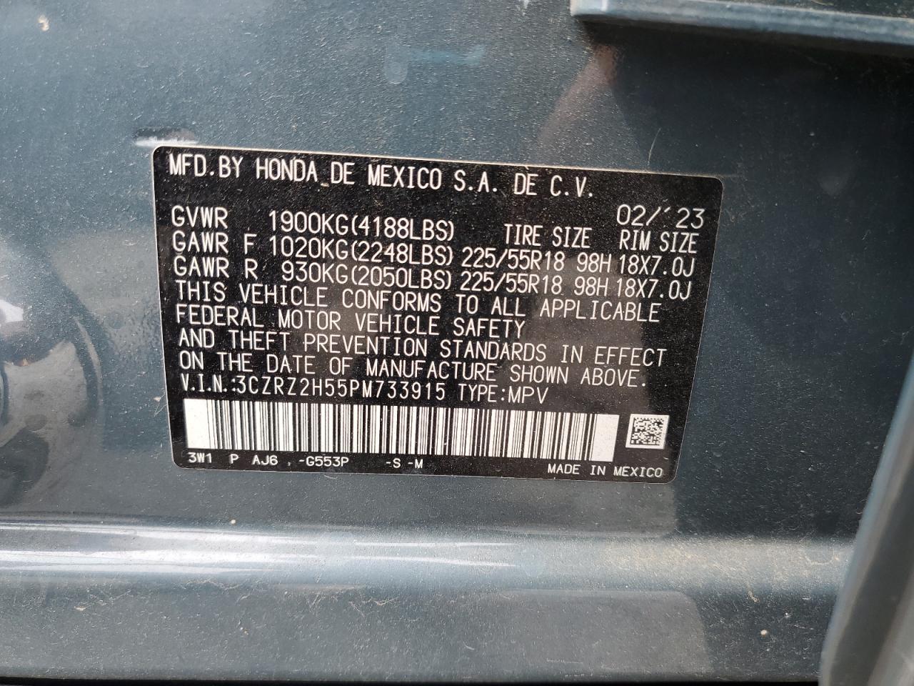 2023 Honda Hr-V Sport VIN: 3CZRZ2H55PM733915 Lot: 81866425