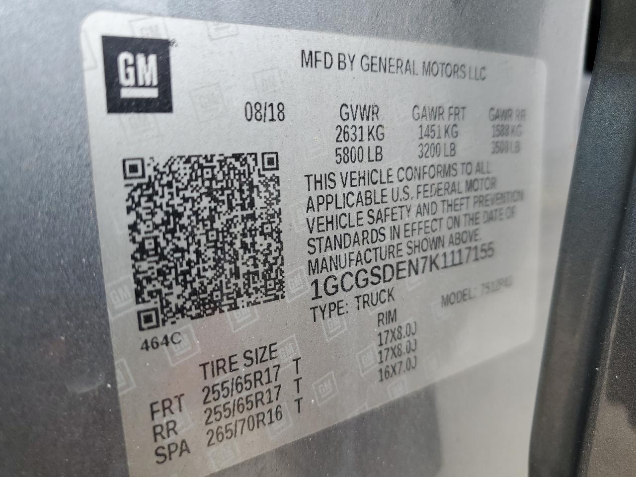 2019 Chevrolet Colorado Z71 VIN: 1GCGSDEN7K1117155 Lot: 84733375