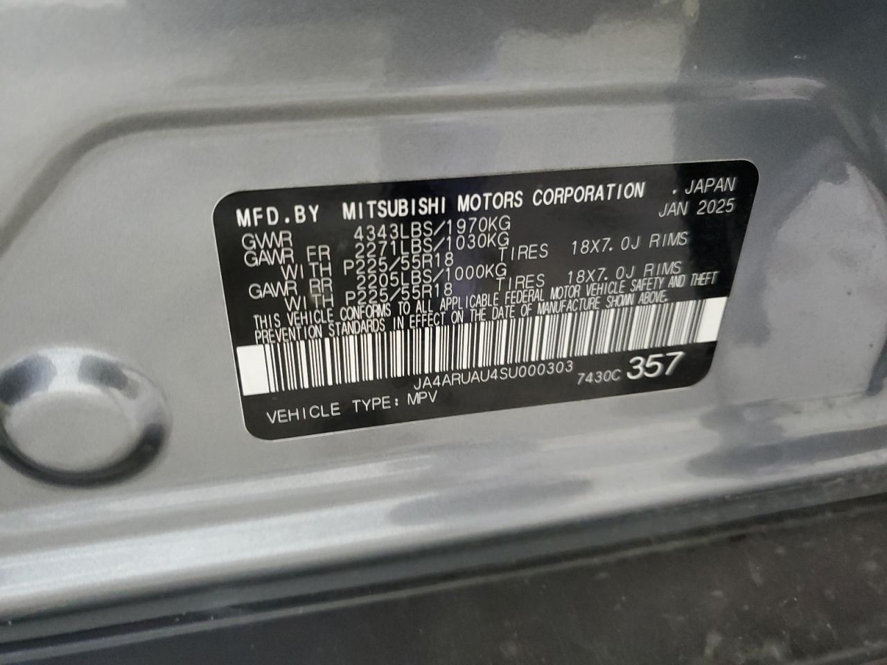 2025 Mitsubishi Outlander Sport S VIN: JA4ARUAU4SU000303 Lot: 71784865