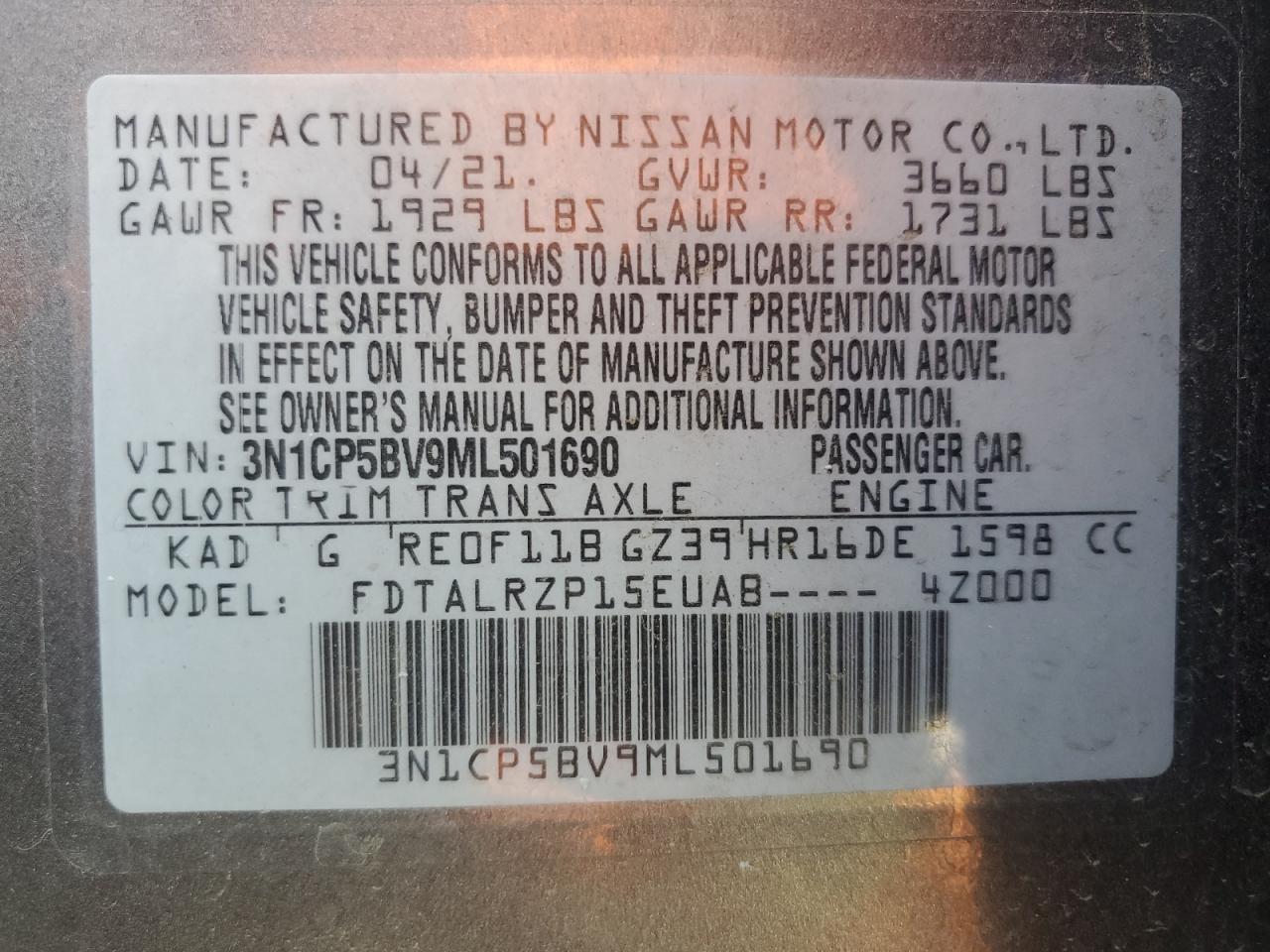 2021 Nissan Kicks S VIN: 3N1CP5BV9ML501690 Lot: 81768535