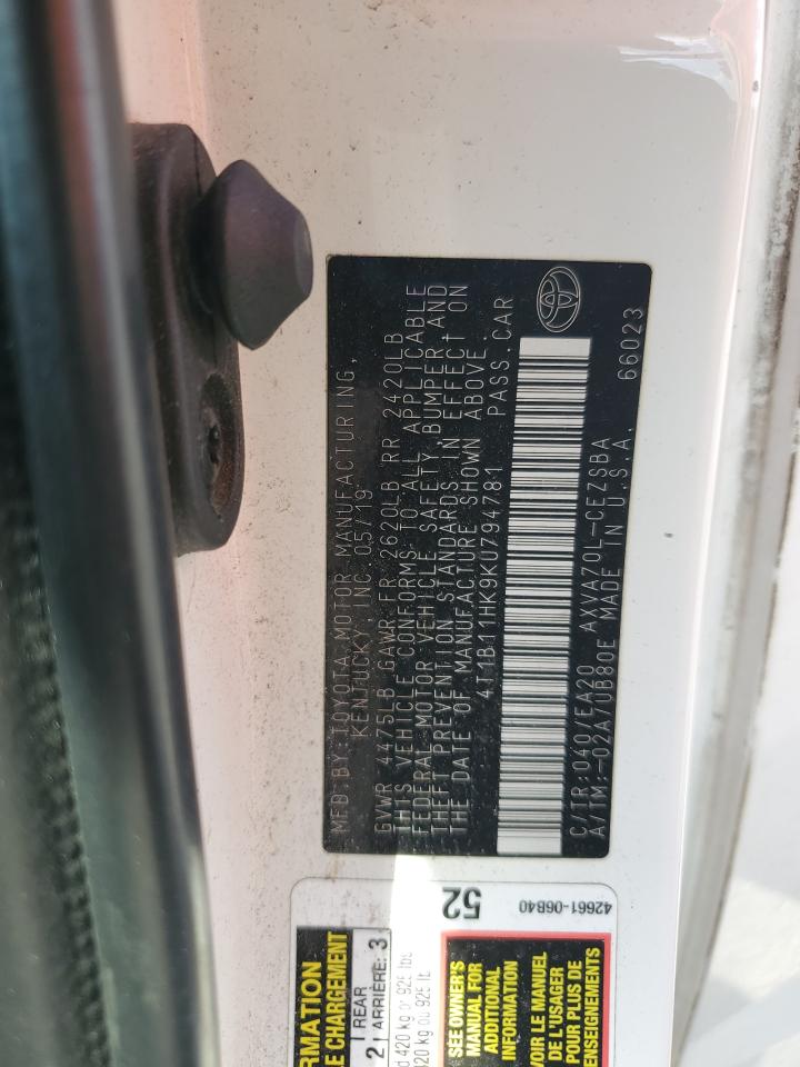 2019 Toyota Camry L VIN: 4T1B11HK9KU794781 Lot: 85312105