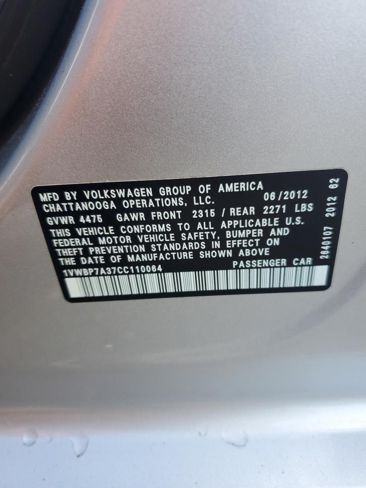 2012 Volkswagen Passat Se VIN: 1VWBP7A37CC110064 Lot: 82148225
