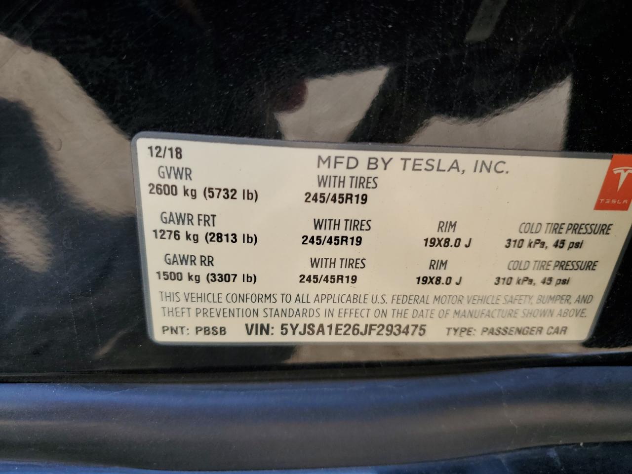 2018 Tesla Model S VIN: 5YJSA1E26JF293475 Lot: 71693805