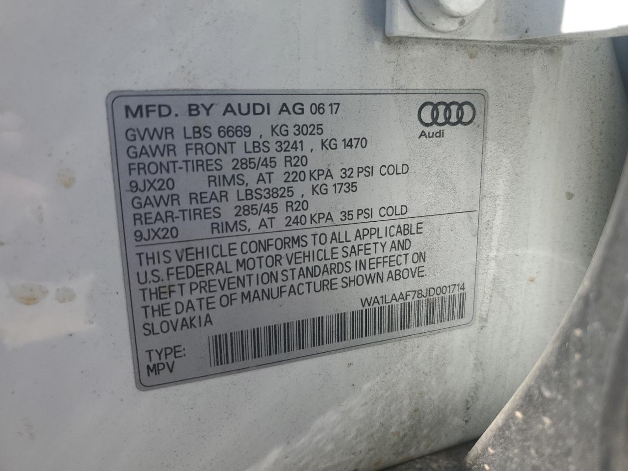 2018 Audi Q7 Premium Plus VIN: WA1LAAF78JD001714 Lot: 70937075