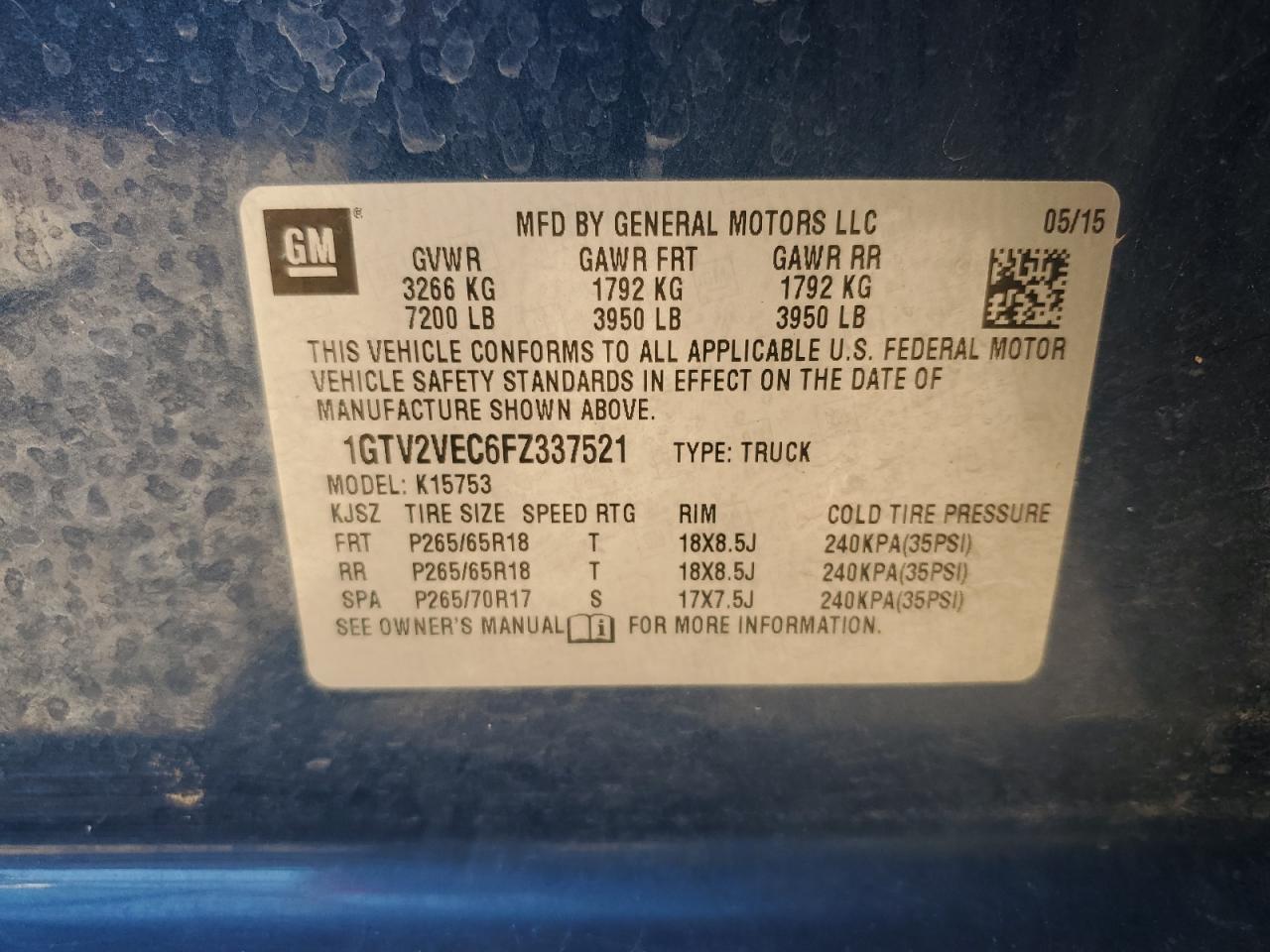 2015 GMC Sierra K1500 Slt VIN: 1GTV2VEC6FZ337521 Lot: 80489815
