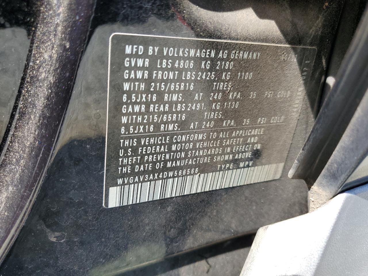 2013 Volkswagen Tiguan S VIN: WVGAV3AX4DW566566 Lot: 81724855