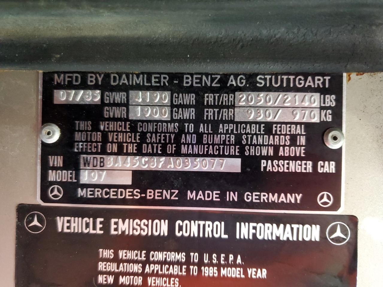 1985 Mercedes-Benz 380 Sl VIN: WDBBA45C8FA035077 Lot: 84003385