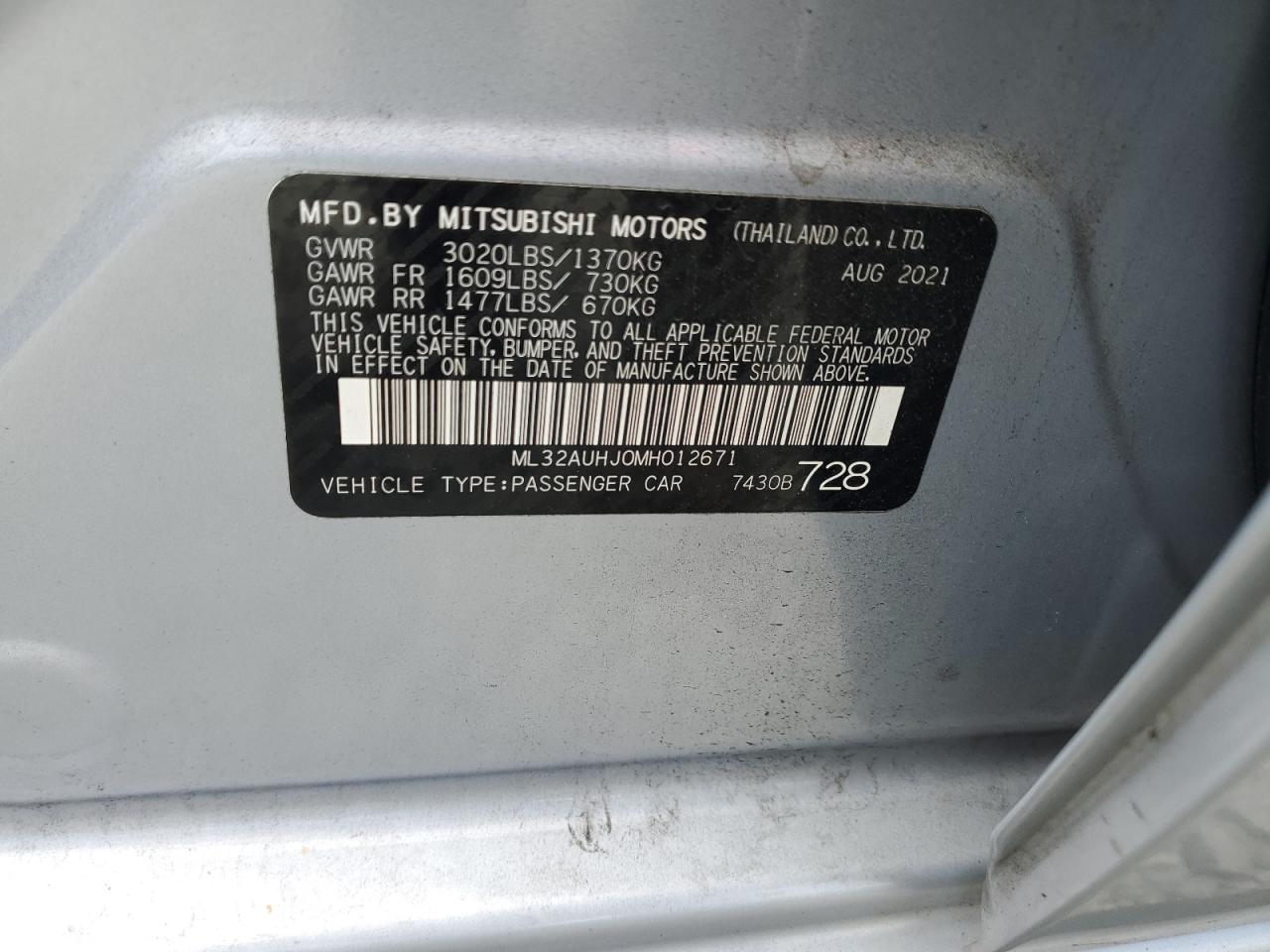 2021 Mitsubishi Mirage Es VIN: ML32AUHJ0MH012671 Lot: 83759055