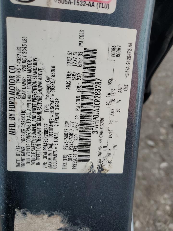 2012 Ford Fusion Sel VIN: 3FAHP0JA3CR288287 Lot: 82161085