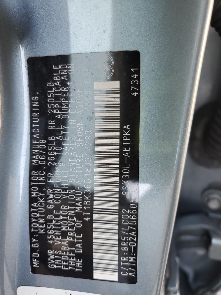 2008 Toyota Avalon Xl VIN: 4T1BK36B18U317783 Lot: 81544435